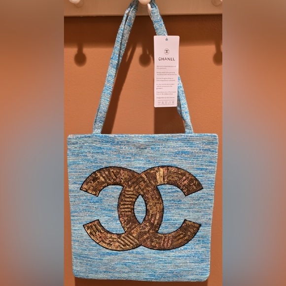 Chanel VIP Blue & Metallic Gold Tweed Gold 
Sequin CC Tote Bag - Picture 1 of 7